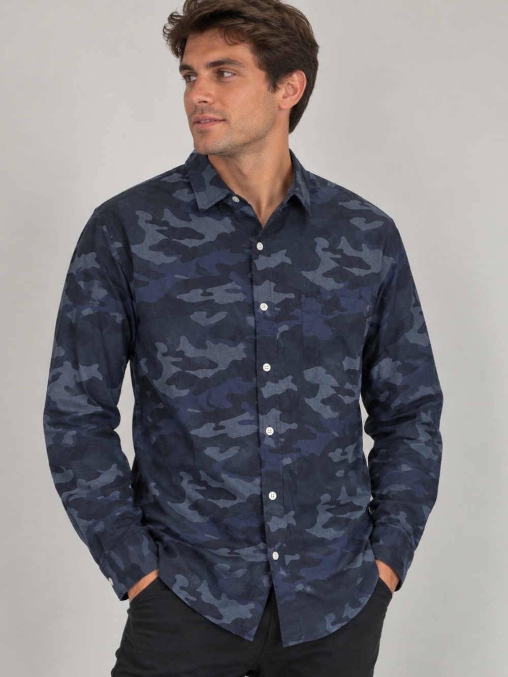Banana Republic Men’s XL Blue Camo Button Down Shirt Gorpcore Utility Military